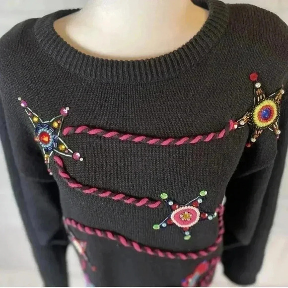 A&M Vintage Western Cowboy Sweater Black Neon Knit 80’s Crochet Jewel Woman’s M - Picture 6 of 13